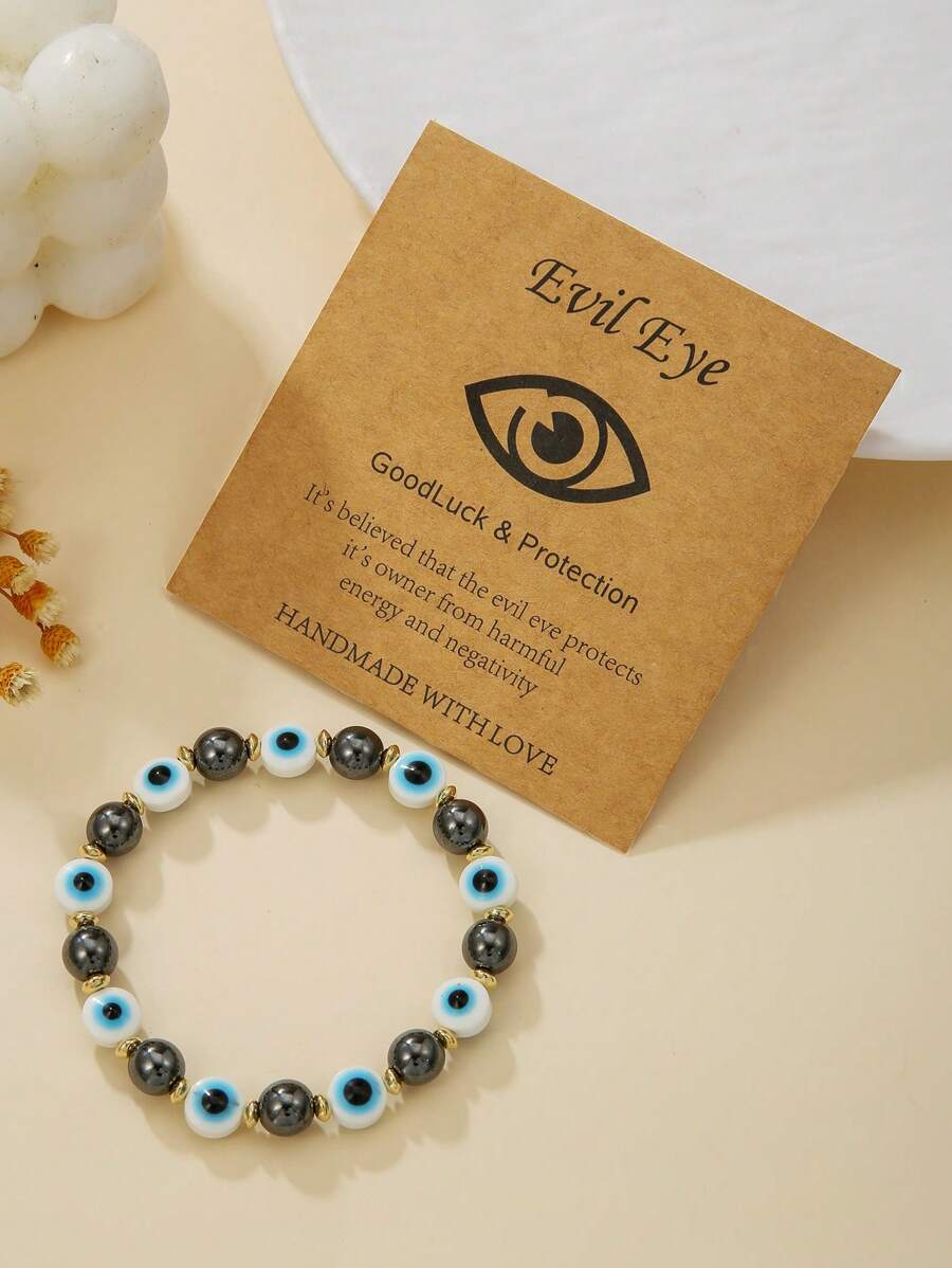 1pc Fashion Chic Obsidian Acrylic Evil Eye Beaded Elastic Bracelet For Women, Suitable For Daily Wear