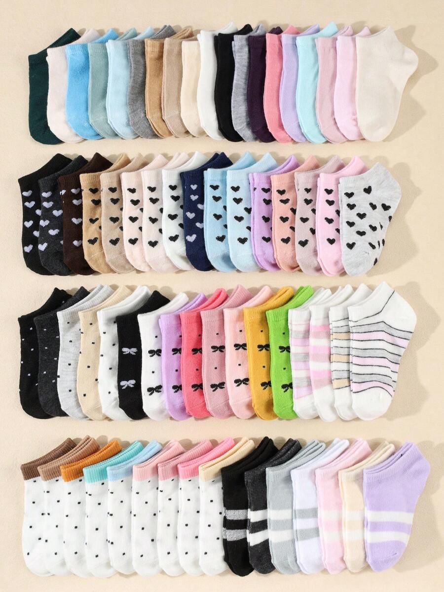 20 Pairs Random Assorted Cute Striped & Heart Print Kids Ankle Socks, Unisex Boys Girls Soft Comfortable Children Short Socks - Multicolor - View 1
