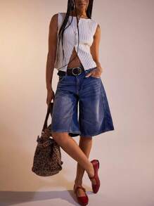 Women Long Baggy Jean Shorts Y2k Vintage Straight Leg Casual Knee Length Denim Bermuda Shorts Jorts With Pockets