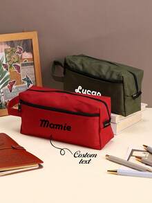 1 pieza Estuche de lápices de lona de unicolor personalizado con bordado multifuncional, estuche de lápices personalizado con texto personalizado - gran capacidad, bolsa de almacenamiento - perfecto para útiles escolares, esenciales de oficina, multifuncional