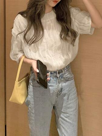 女士休闲简约纹理纯色短袖衬衫