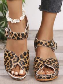 1 Par de Sandálias Plataforma Anabela Estampadas de Leopardo Impermeáveis, Estilo Verão Novo, Versátil para Adolescentes Meninas