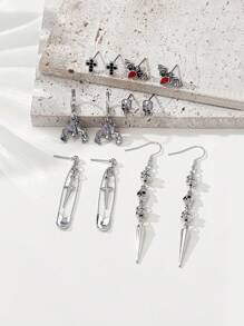 6 Pairs Gothic Skull, Cross, Bat, Spike-Shaped Halloween Design Fashion Earring Set