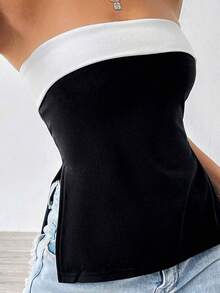 Women's Contrast Color Tube Tops Sleeveless Off Shoulder Strapless Side Split Bandeau - Black - View 2