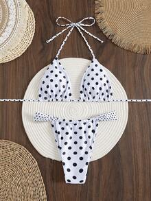 Bộ bikini hai mảnh gợi cảm buộc dây cổ, in chấm bi, thích hợp cho nữ mùa hè đi biển, đi nghỉ mát. - Trắng Đen - Xem 3