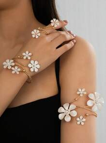 1 Set Fashion Vintage 3D Floral Rhinestone Bangle, Bracelet & Ring Jewelry Set, Elegant Gift For Women