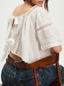 Womens Tie Front Ruffle Boho Top Flowy Sheer Short Sleeve Lace Blouses Y2k Embroidered Babydoll Button Down Eyelet Shirts Beach Fashion Going Out Tops - 白色 - 查看 2