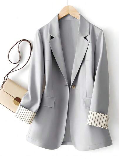 大码女式休闲/通勤袖条纹拼接单扣长袖西装外套