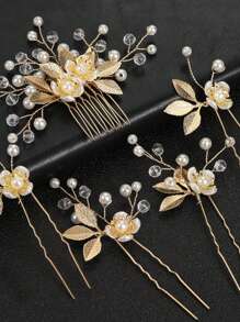 5-Piece Set Of Gold Leaf Pearl Hair Comb, Bride's Coiled Hair Comb, Retro Wedding Headwear, Bride's Hairpin And Hair Clip Combination