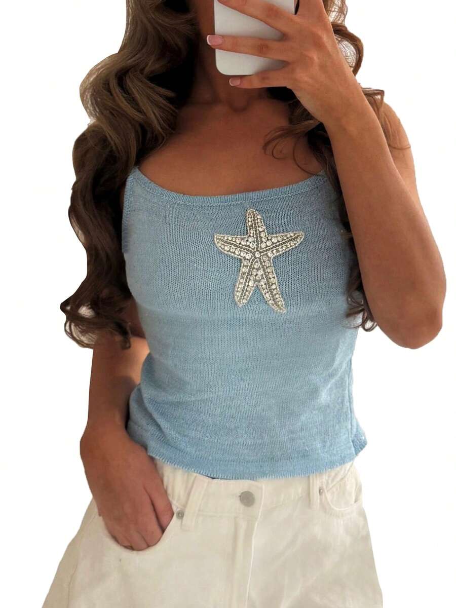 Women Y2k Starfish Cami Top Rhinestone Printed Crop Tank Tops Slim Fitted Knit Going Out Summer Beach Sleeveless Shirts Vest - Màu xanh nhạt - Xem 1