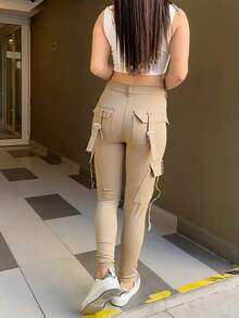 Quần denim cargo bó sát màu trơn phong cách Y2K dành cho nữ, mùa thu - Màu be - Xem 3