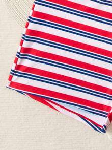 2026 New Fashion Women's Red & Blue Striped Print Bikini 3-Piece Swimsuit Set, Beach Holiday Outfit, Conservative Design To Prevent Exposure, Casual For Valentine's Day - Multicolor - View 6