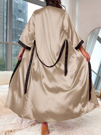 1pc Women Plus Size Ice Silk Belted Robe , Sexy & Fashionable For Home Wear, Spring/Autumn, Cozy Outfit, Fall & Winter