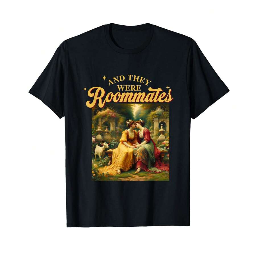 Funny Btq Lesbian Pride Meme And They Were Roommates Queer T-Shirt! EX Gifts For Boyfriend - 黑色 - 查看 1