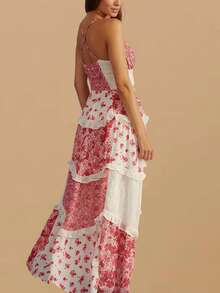 Summer Dresses For Women Boho Y2K Floral Maxi Dress Cute Lace Patchwork Ruffle Flowy Long Dress Sexy Spaghetti Strap Deep V Neck Backless Dresses Low Cut Beach Vacation Sundress - Đỏ - Xem 3