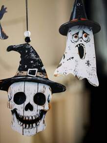 1Pc Halloween DIY Wooden Hanging Ornaments – Ghost, Skull & Witch Hat Cutouts With String For Spooky Wall, Door, Ceiling, Party, Haunted House Decor Home Decor Halloween Decor Fall Decor Room Decor