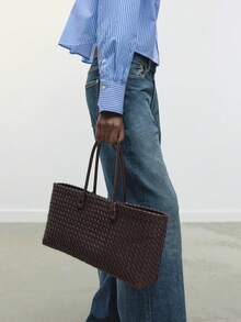 [Women's Shoulder Bag] WOVEN TOTE BAG, Fashionable Top Handle Bag, Solid Color Simple Shoulder Bag, Women's Handbags Luxury Design For Everyday Style - Burgundy - View 3