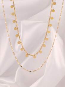 1pc Stainless Steel Round Tassel Pendant Necklace For Women Fashion Gold Color Double Layers Chain Necklace Jewelry Gift