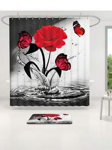 1pc/4pcs Red Falling Rose Flower Shower Curtain Decoration, Beautiful Housewarming Gift Modern Home Decoration, Waterproof Shower Curtain And Toilet Floor Mat Three Pieces Set Comes With 12 Shower Curtain Hooks Back To School - Multicolor - View 7
