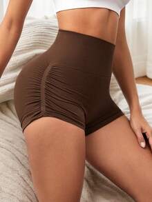 Pantalones cortos deportivos de yoga de cintura ancha para mujer, shorts de gimnasio, diseño plisado que levanta la cadera, tela elástica, adecuados para fitness y running de verano - Marrón - Ver 4