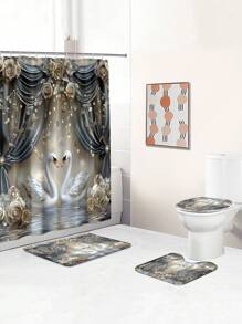 1 pièce/4 pièces Rideau de douche décoratif avec cygne gris sur scène, avec crochets multiples. Ensemble de salle de bain comprenant le rideau de douche, le tapis de sol antidérapant, le tapis en U pour toilette, le tapis de couvercle de toilette, la décoration de chambre, la décoration de la maison, la décoration et les accessoires de salle de bain, un cadeau parfait pour la rentrée scolaire