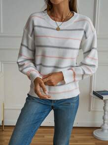 Maglione lavorato a maglia a righe e a blocchi di colore casual, da donna, taglie forti, per autunno/inverno