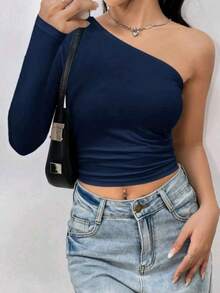 Women's Cropped Top T-Shirt Blouse With One-Shoulder Neckline Suplex Fabric Ideal For Going Out On Casual Romantic Elegant And Sophisticated Dates - 藏蓝色 - 查看 2