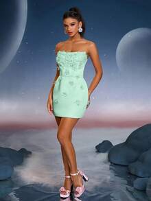 Anymoon Cute 3D Handmade Floral Decor Formal Prom Dress, Suitable For Graduation, Homecoming, Party, Cocktail Party And Wedding Occasions. - Green - View 8