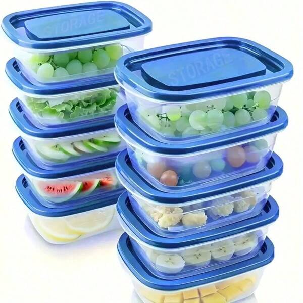 10pcs/Pack Reusable Blue Food Storage Container With Lids - Stackable, Plastic Lunch Boxes For Kitchen Organization - Suitable For Grains, Meats, Fruits, Vegetables - Dishwasher And Microwave Friendly