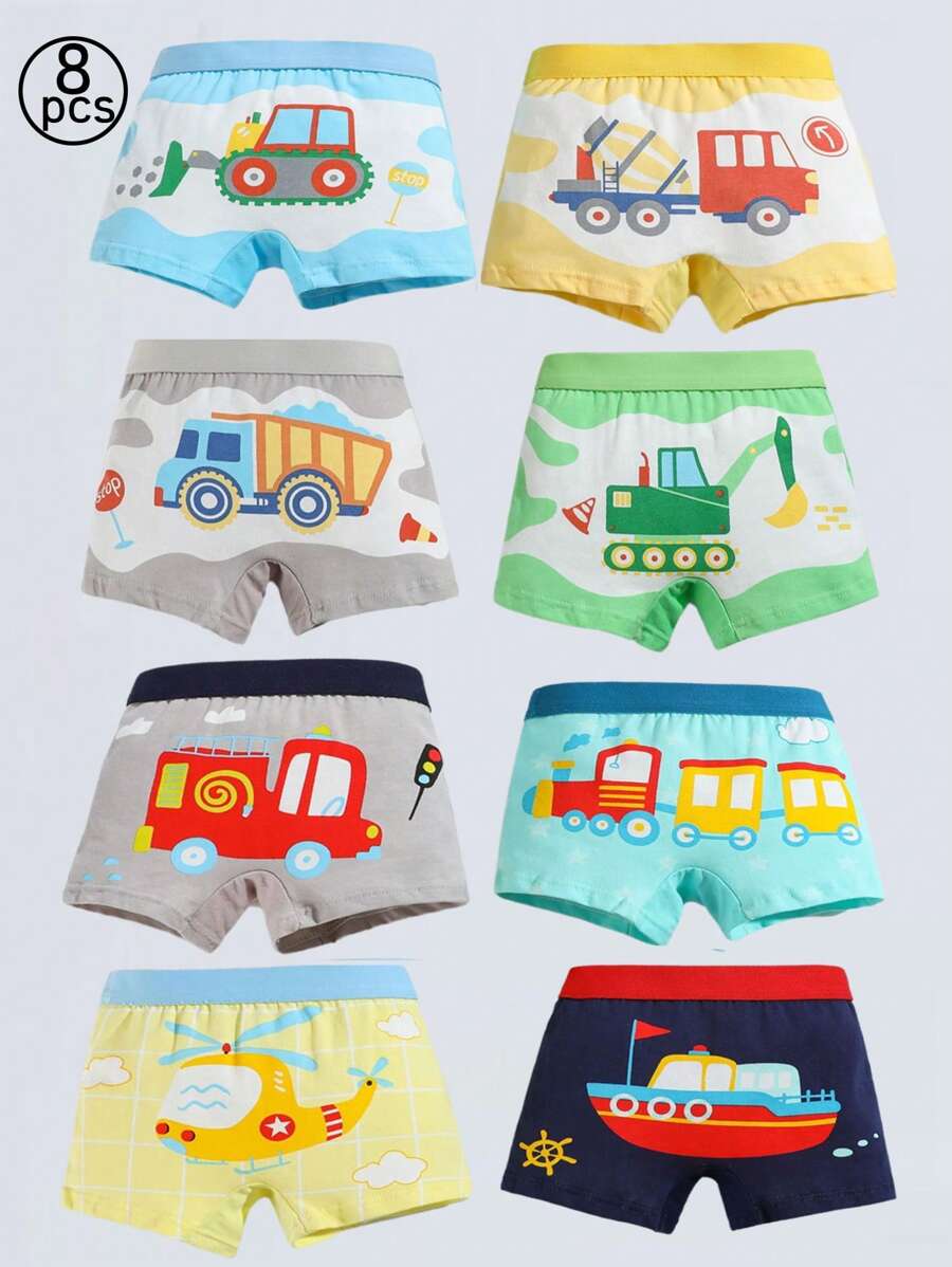 8 Sets Of Young Boys Multi-Color Boxers, Comfortable And Soft Cartoon Dinosaur, Crocodile, Lion, Giraffe, Dog, Balloon Printed Little Boy Boxer Briefs Four Seasons, Blue, Green, Yellow