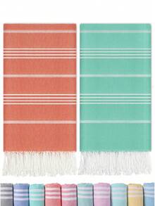 2 件土耳其沙滩巾，紧凑超大超快干薄款奢华沙滩巾，最适合旅行必备品、沙滩毯、热水浴缸、度假和节日礼物 - 彩色 - 查看 5