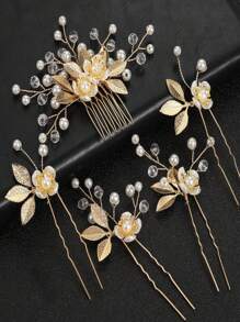 5-Piece Set Of Gold Leaf Pearl Hair Comb, Bride's Coiled Hair Comb, Retro Wedding Headwear, Bride's Hairpin And Hair Clip Combination