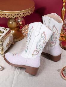 1双儿童火焰图案亮片饰边仿皮靴，中筒拉链，低跟，西部牛仔风格，适合休闲/派对穿着 - 白色 - 查看 4