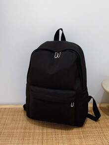 Mochila escolar de gran capacidad y multiusos de unicolor minimalista, de vuelta a la escuela - Negro - Ver 6