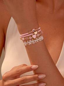 6pcs/Set Girls' Heart Shaped Bead Mixed Color Charm Bracelets