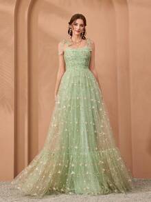 Mgiacy,New Arrival,Embroidery ,Elegant,Bridesmaid Dress,Bow,Flounce,Ruffle,Long Dress,FOR,Wedding Guest - Green - View 4
