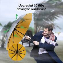 Large Windproof Umbrella, Wind Resistant Compact Travel Folding Umbrellas, Ladies Auto Open Close Strong Wind Proof Rain Proof With 10 Ribs Golf Umbrella Collapsible For Men Women - Yellow&Silver - View 4
