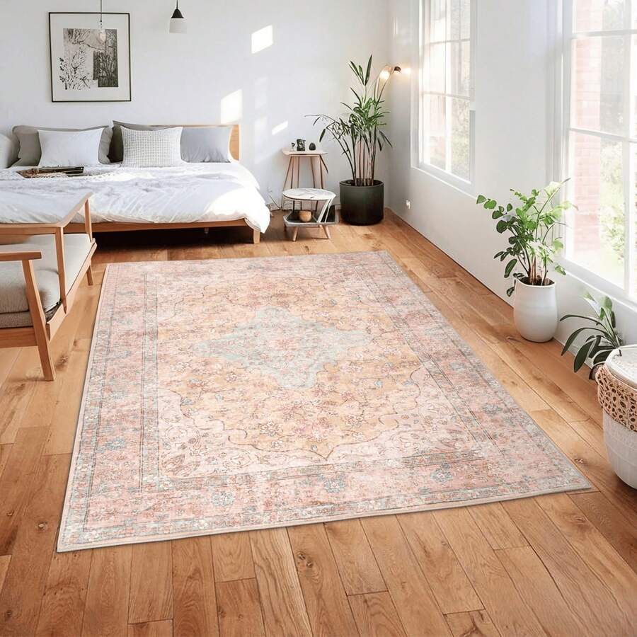 Boho Vintage Area Rug - Washable Faux Wool Low Pile Carpet | Non-Slip & Non-Shedding Indoor Rug For Living Room, Bedroom, Kids Room & Home Office - Orange - View 1