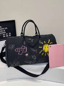 Thickened Canvas Cartoon Graffiti With Childlike Patterns, Wear-Resistant, Multi-Level, Large Capacity, Ultra Light, Foldable, Multifunctional, Zippered Single Shoulder Crossbody Handbag, Travel Bag, Luggage BagSuitable For Shopping, Wallet, Shopping, Young Women, College Students, Newcomers, White-Collar Workers. Very Suitable For Office, College, Work, Business, Commuting, Outdoor Activities, Travel And Outings