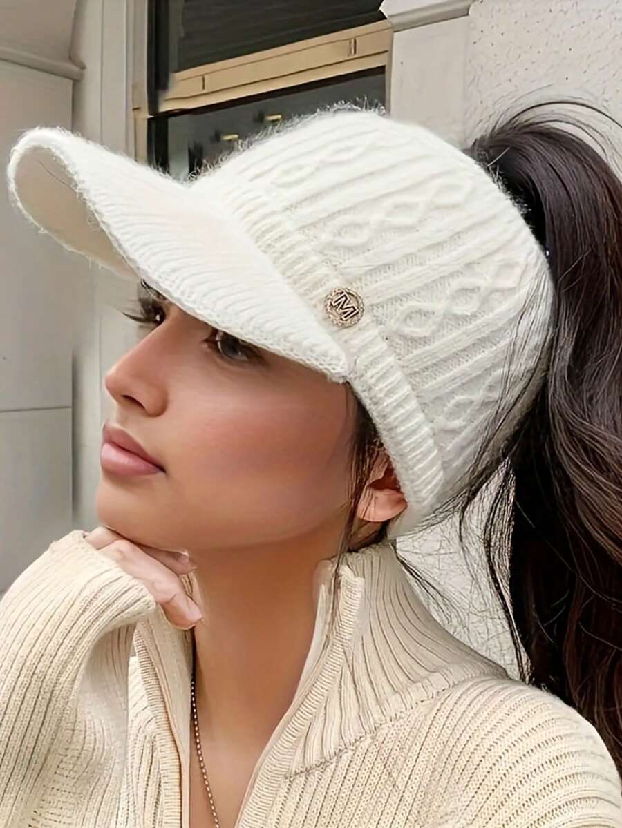 1 件冬季女士针织帽，弹力马尾棒球帽，带护耳，厚保暖内衬弹力帽，无羽毛，可手洗涤纶棒球帽 - 彩色 - 查看 1
