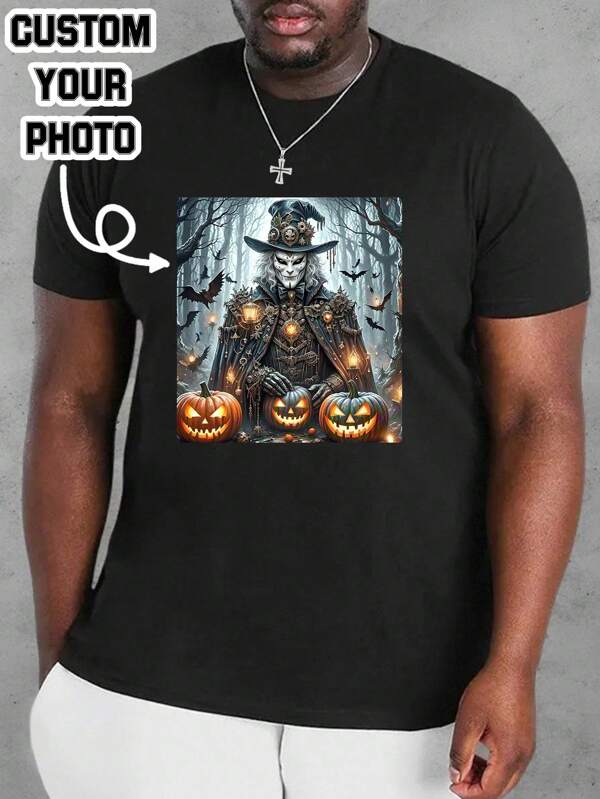 Customized Personalized Pattern Plus Size Men T-Shirt, Halloween Customized Plus Size Men's Clothing, Summer Loose Plus Size T-Shirt Customization, Friend/Selfie/Family/Logo/Pet Photo Customization, Birthday/Father's Day/Halloween Holiday Customization, Team Outdoor Customized Service, Personalized Image Round Neck Plus Size Short Sleeve Loose Men T-Shirt Top Customization, Holiday Gift, Birthday Gift Customization, Summer Plus Size Men T-Shirt. Plus Size Daily Halloween Plus Size Men Clothing