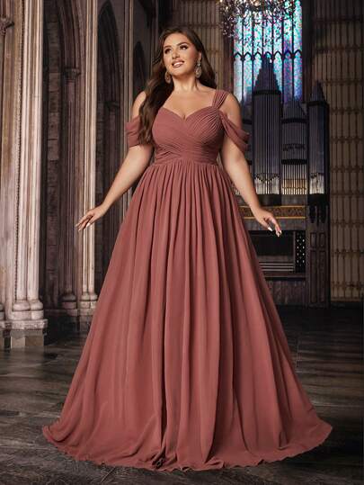 QOQ Vestido formal de dama de honor de unicolor y talla grande de estilo elegante, vestido de noche largo adecuado para bodas y eventos formales, vestido de gasa con cuello de corazón y tirantes cruzados