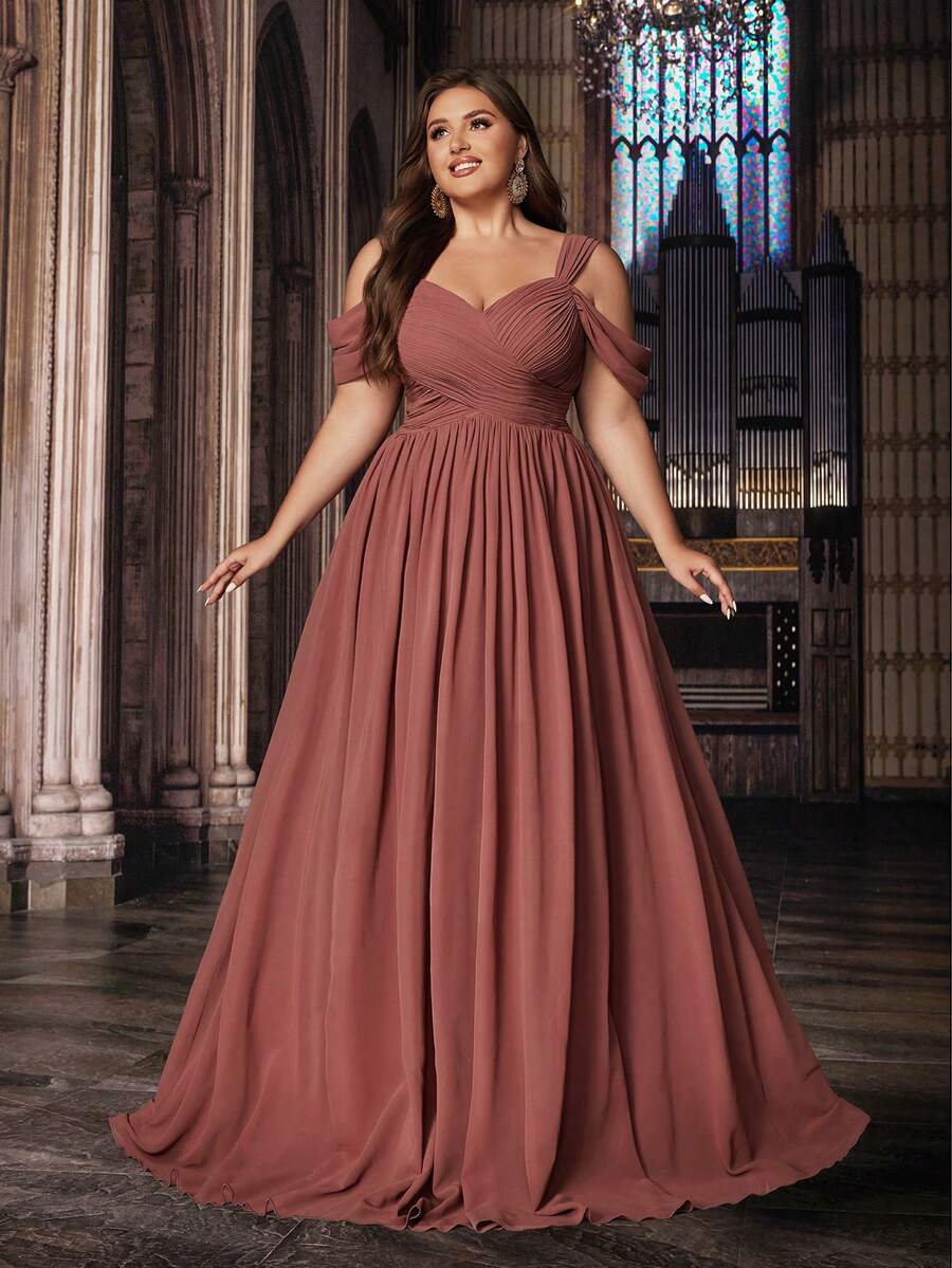 QOQ Elegant Style Solid Color Plus Size Bridesmaid Dresses Formal Dress Long Evening Gown Suitable Wedding, Formal Events Sweetheart Collar Crossed Strapless Chiffon Gowns - Coral Pink - View 1