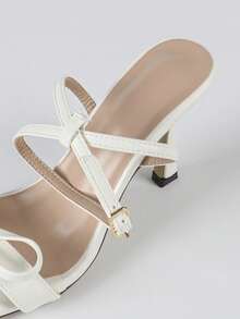 白色女士高跟凉鞋，性感小猫跟高跟鞋，方头系带蝴蝶结系带，春夏百搭纯色平底凉鞋，细高跟婚礼新娘高跟凉鞋，优雅派对细高跟鞋，夏季高跟凉鞋，正式场合高跟凉鞋，时尚女士高跟踝带凉鞋 - 白色 - 查看 9