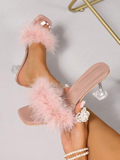 Women's Summer Mule Sandals, Open Toe Slip-On, Fluffy Faux Fur, Fashion Casual Transparent Crystal Heel High Heels