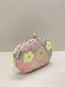 2 件套亮片花朵手拿包，闪亮亮片花卉图案，迷人、优雅、复古花卉图案手提包，派对女孩的晚宴包，适合女性，非常适合派对、婚礼、舞会、晚会 - 淺粉色 - 查看 3