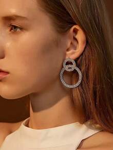 Double Hoop Rhinestone Earrings, Elegant Long Earrings, Personalized Korean Style Fashion Earrings For Women