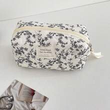3pcs Makeup Bag Quilted Cosmetic Bag Silk Ribbon Large Floral Make Up Bag For Women Bow Cotton Makeup Bag Set Flower Travel Toiletry Bag - 黑與白 - 查看 5