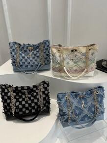Denim Tote Bag For Women, 2020-2025 New Fashion Large Capacity One Shoulder Bag, Casual Commuter Bag With Frayed Edges