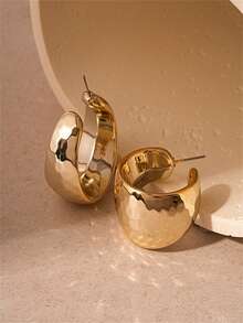 钢针 C 形宽面耳环，独特设计，简约风格，夸张时尚女士珠宝